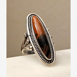 Vintage Native American Sterling Silver Mahogany Obsidian Long Oval Ring Size 6
